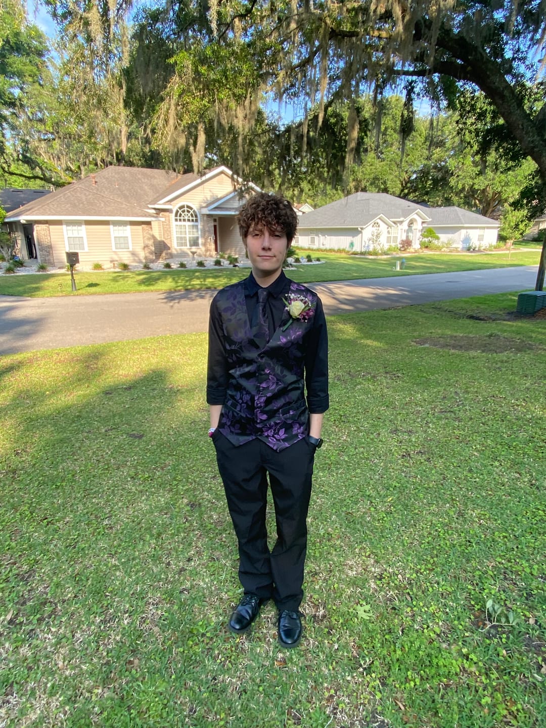 Customer photo review of Men's Purple Black Floral Silk Tie Waistcoat Vest Hanky Cufflinks Set