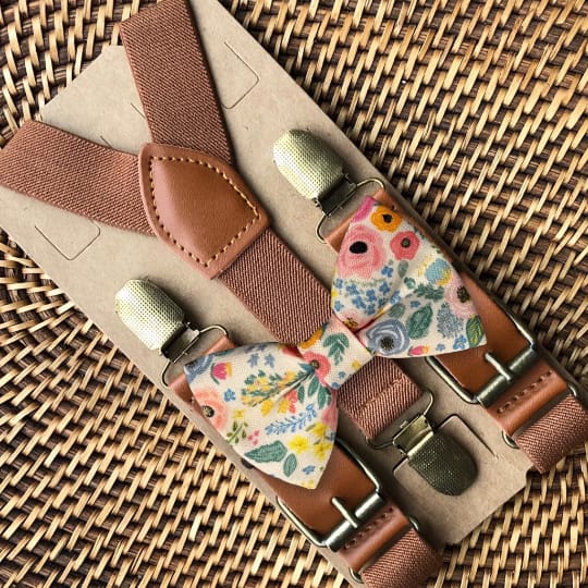 Customer photo review of Wonderland Garden Bow Tie & Cognac Buckle Suspenders Set