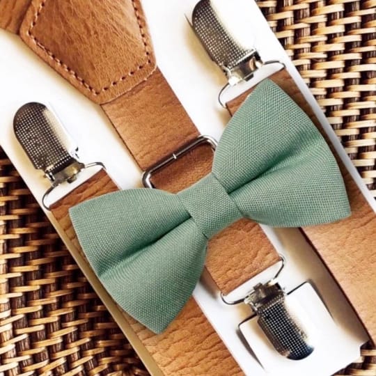 Customer photo review of Dusty Sage Bow Tie & Tan Vegan Leather Suspenders Set