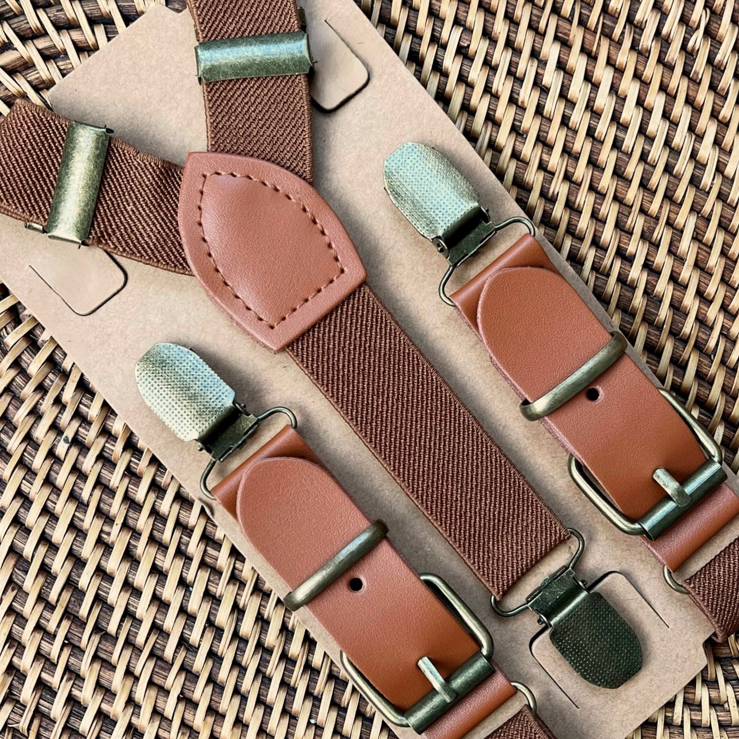 Customer photo review of Dark Brown Vegan Leather Buckle Suspenders with Brass Clips