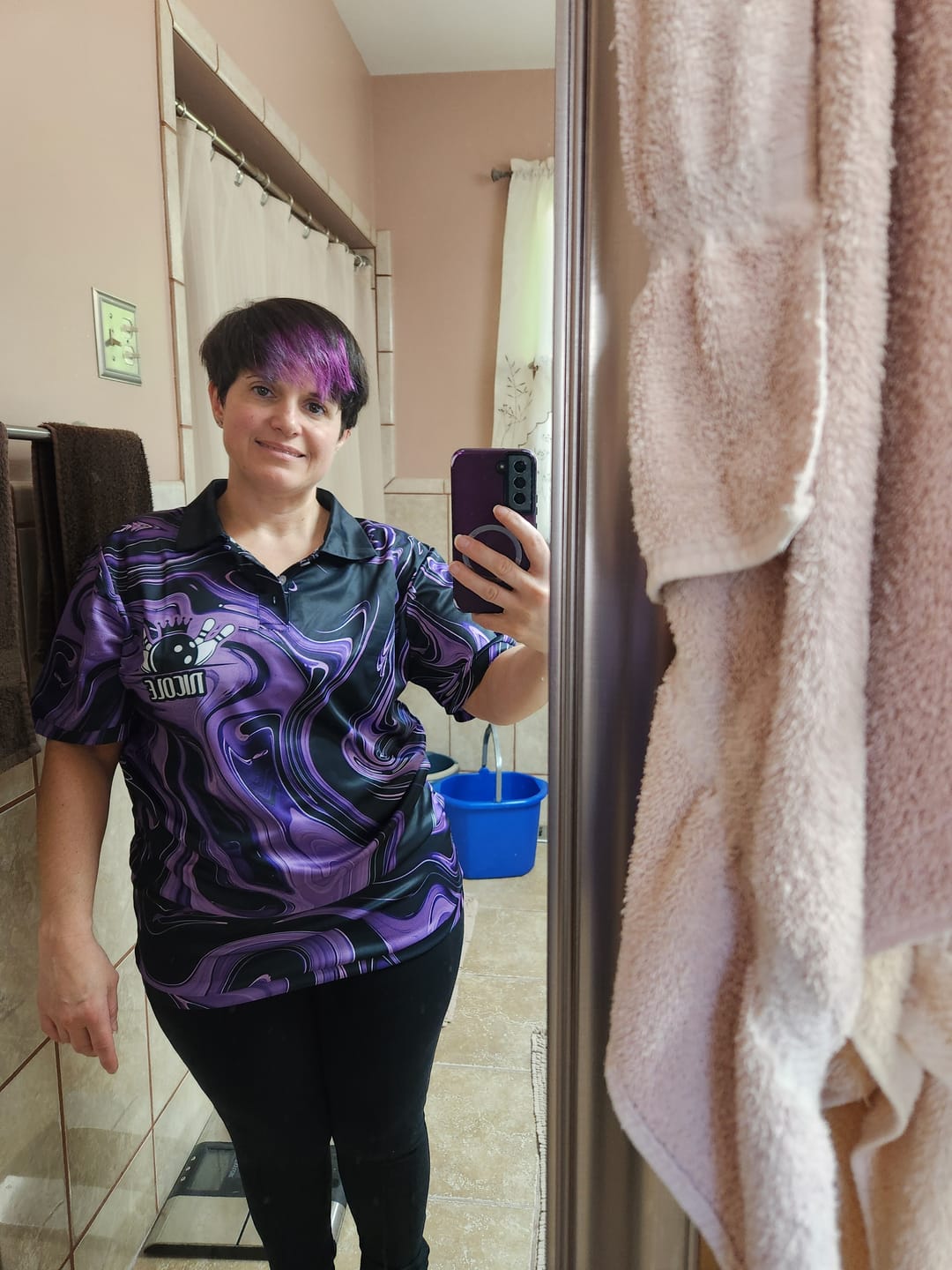 Customer photo review of Purple Bowling Ball And Pins Custom Bowling Team Shirts For Men And Women, Unisex Bowlers Outfit IPHW6173