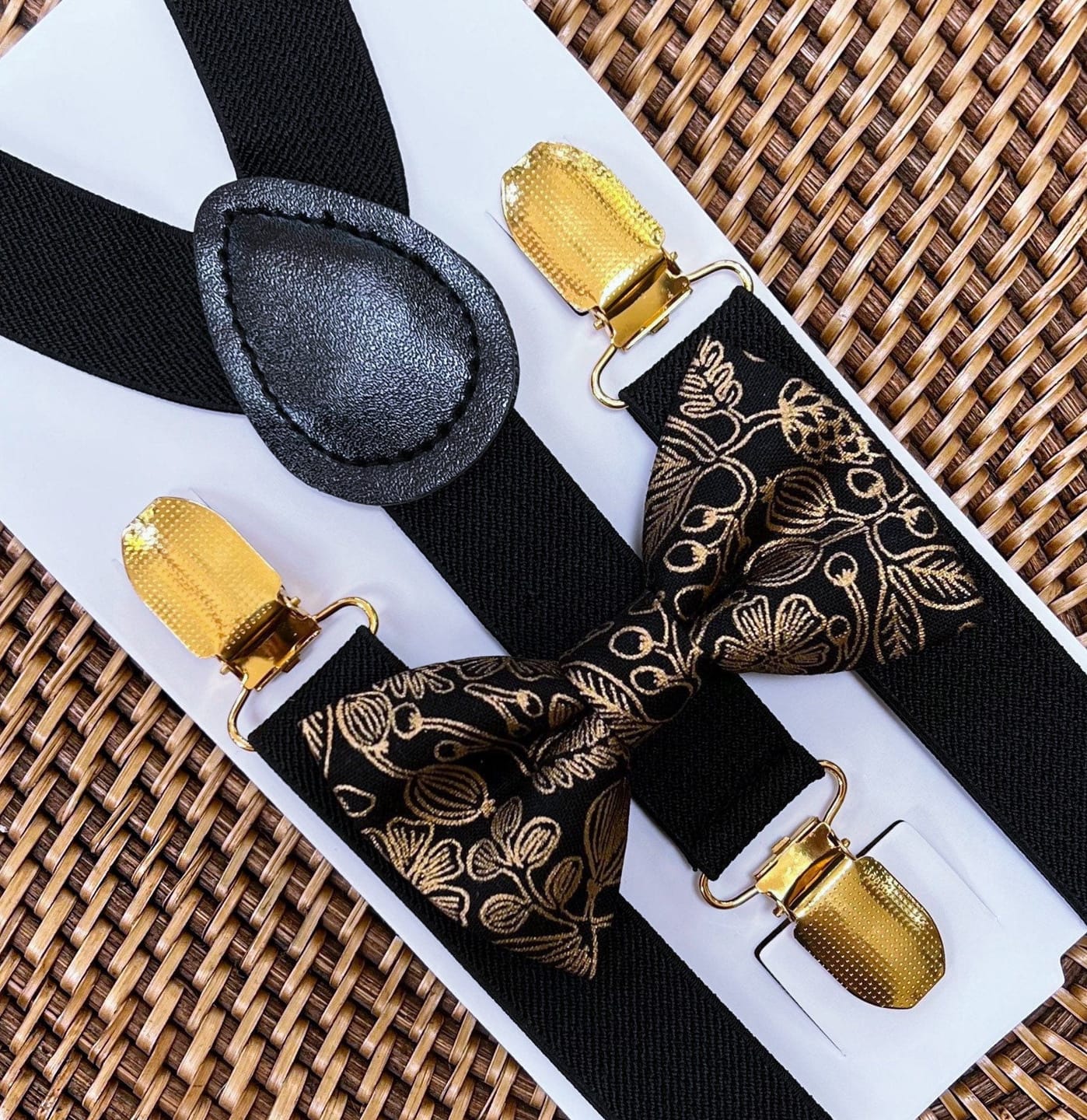 Customer photo review of Black & Gold Floral Bow Tie and Black & Gold Suspenders Set