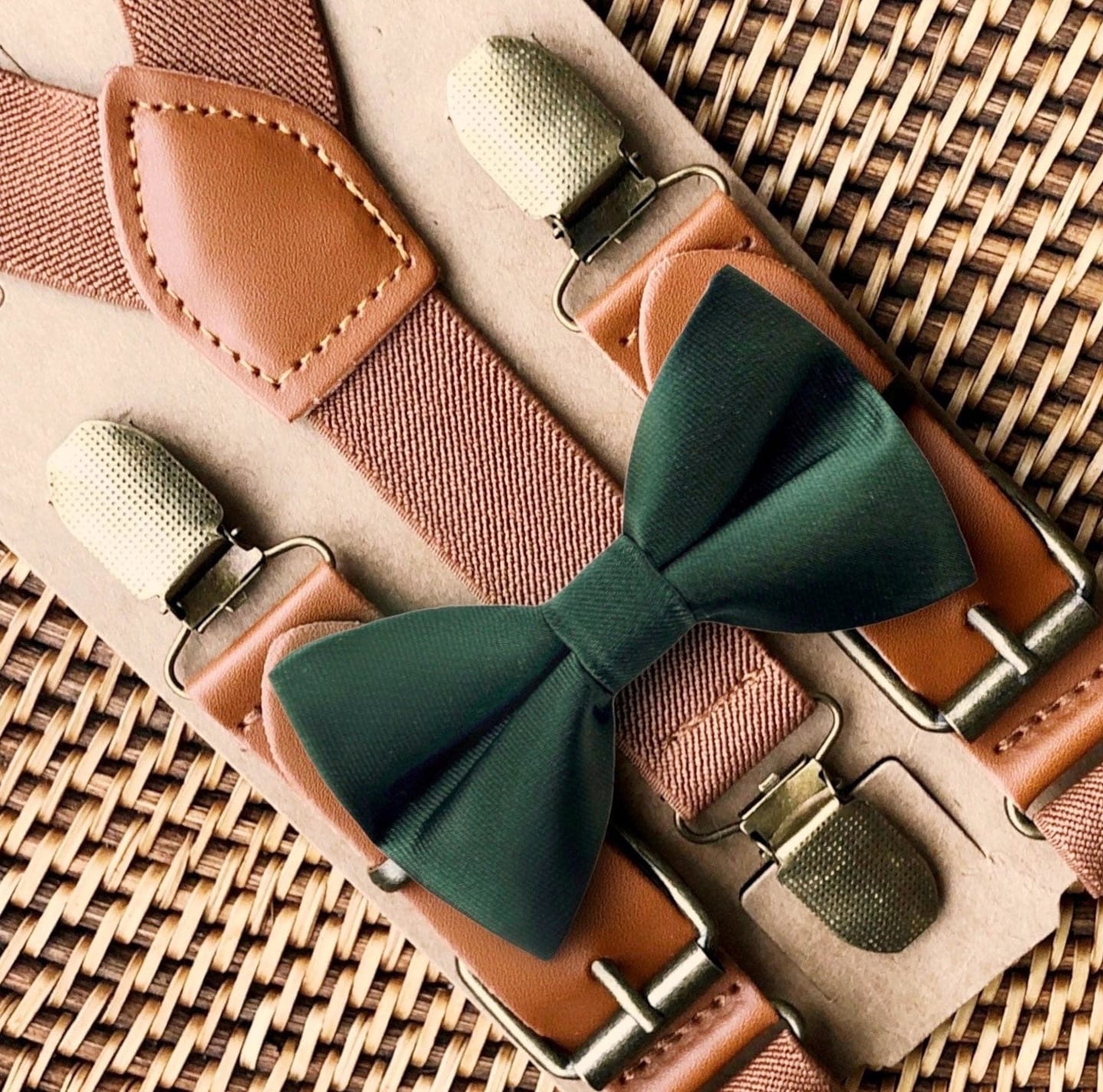 Customer photo review of Emerald Green Satin Bow Tie & Cognac Buckle Suspenders Set