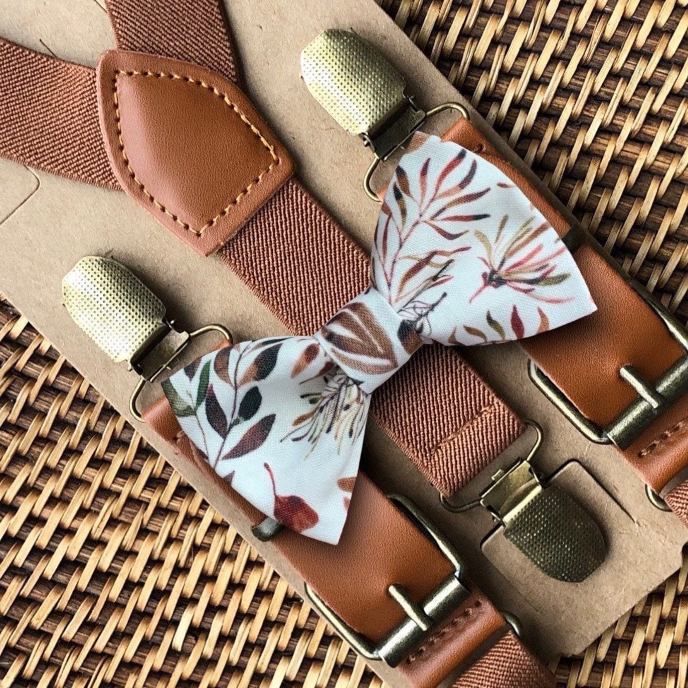Customer photo review of Autumn Floral Bow Tie & Cognac Buckle Suspenders Set