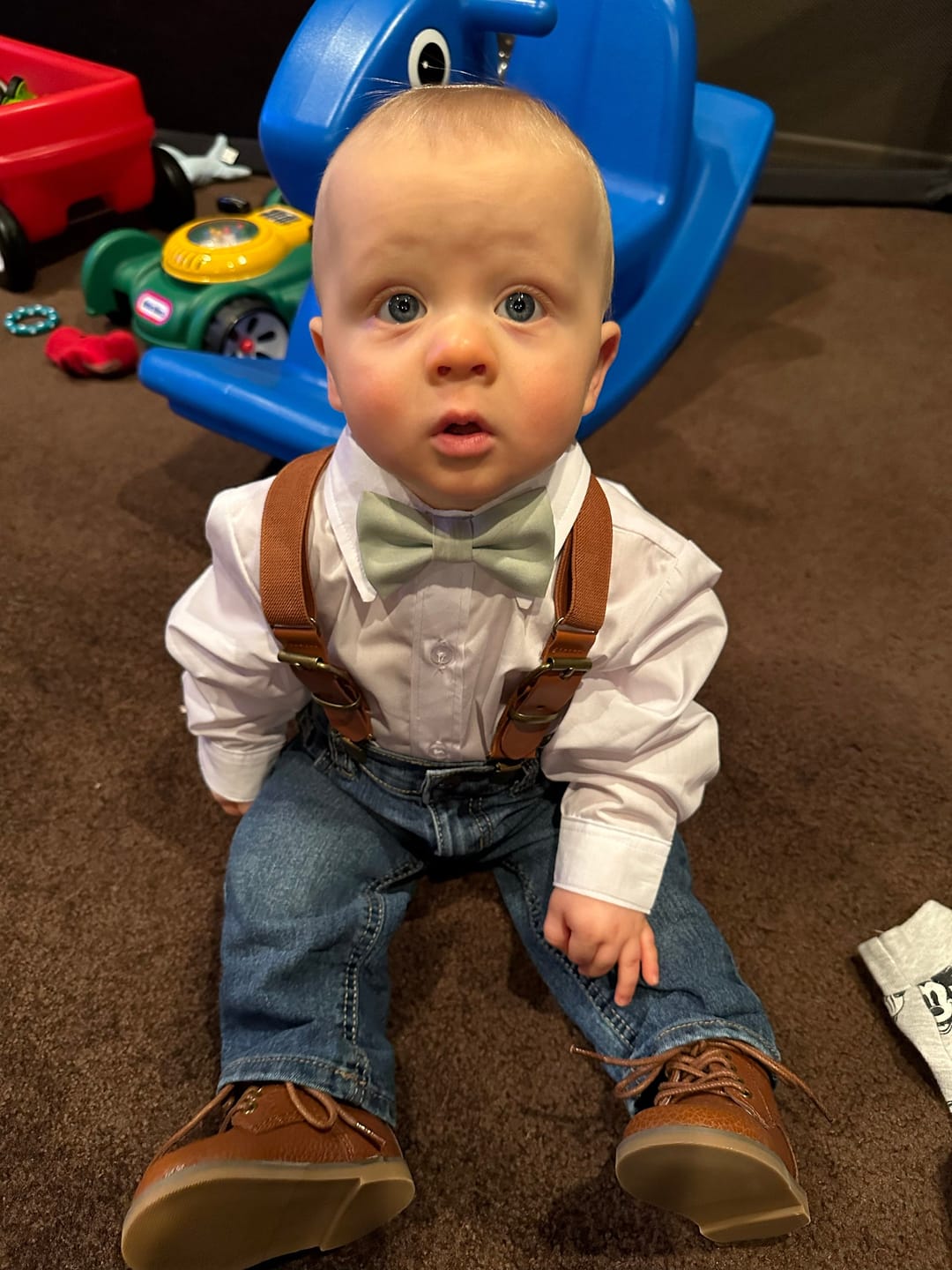 Customer photo review of Sage Bow Tie & Cognac Buckle Suspenders Set