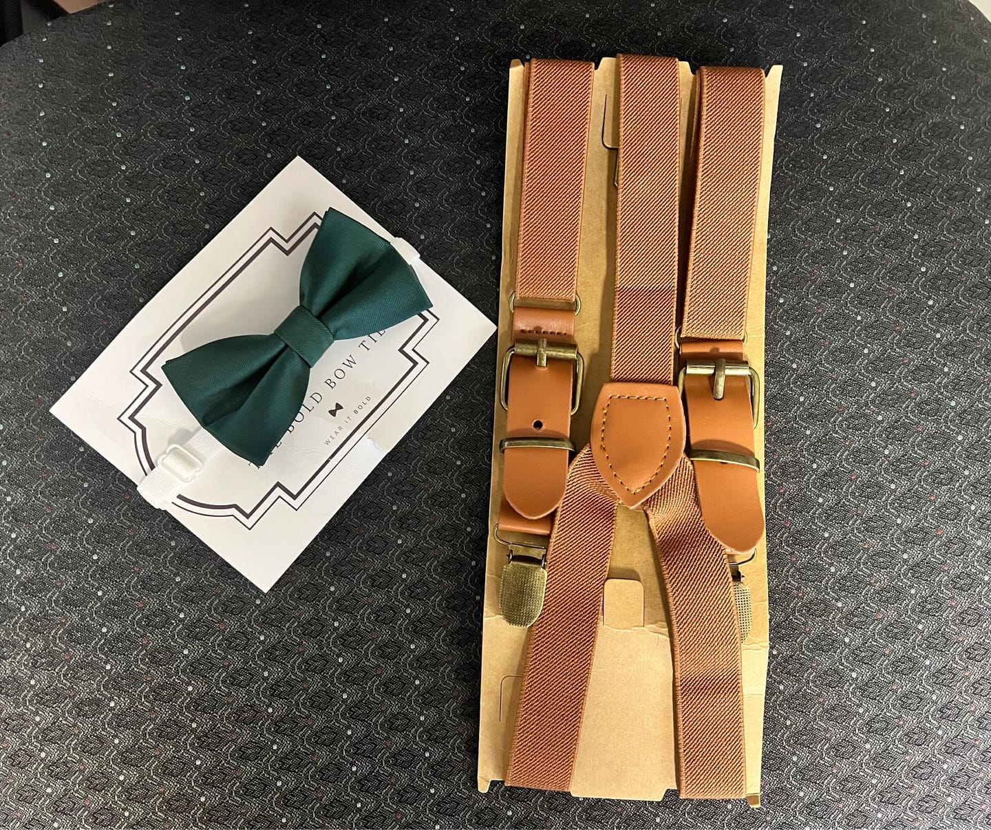 Customer photo review of Emerald Green Satin Bow Tie & Cognac Buckle Suspenders Set