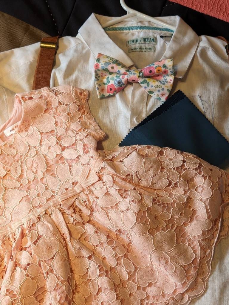 Customer photo review of Wonderland Garden Bow Tie & Cognac Buckle Suspenders Set