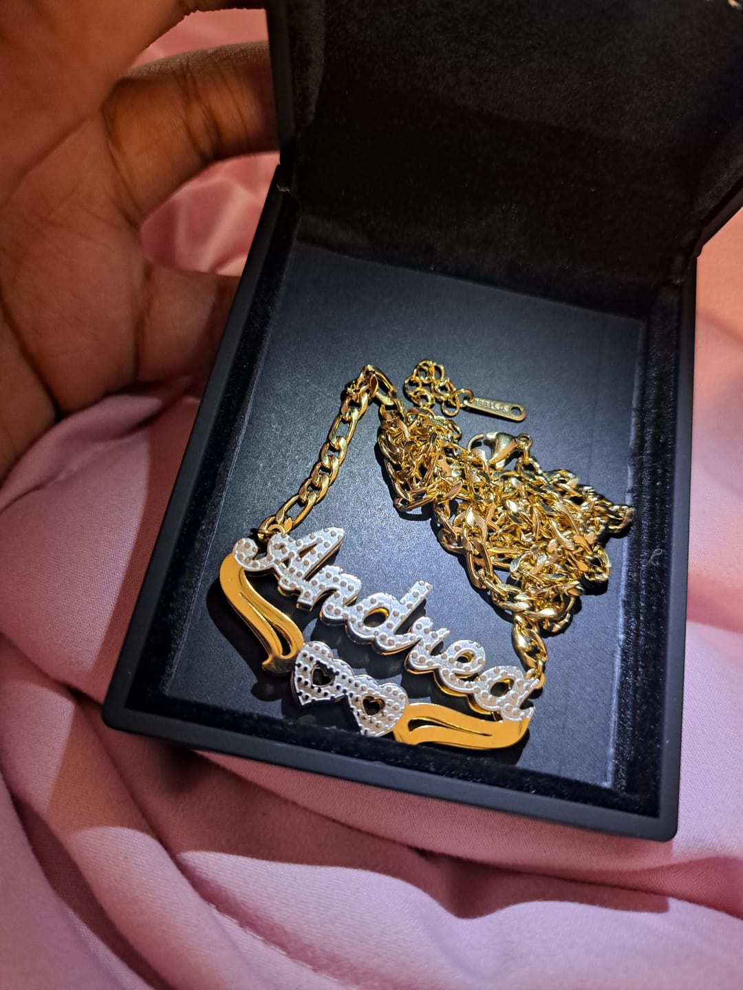 Customer photo review of Double Hearted 3D Plated Name Necklace