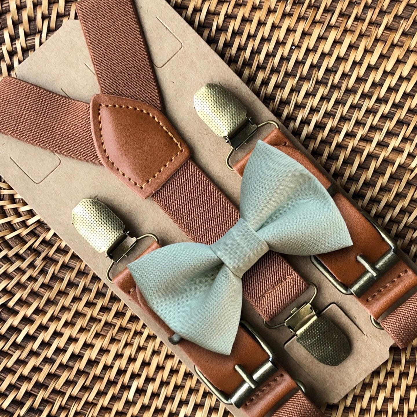 Customer photo review of Sage Bow Tie & Cognac Buckle Suspenders Set