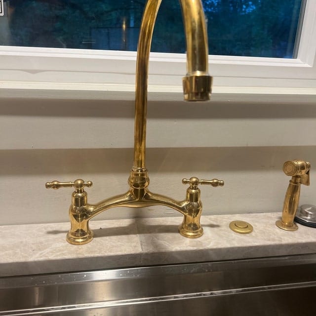 Customer photo review of Unlacquered Brass Kitchen Bridge Faucet Vectorian Style