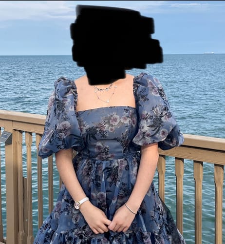 Customer photo review of Strapless Floral Navy Floral Tiered Midi Evening Gown