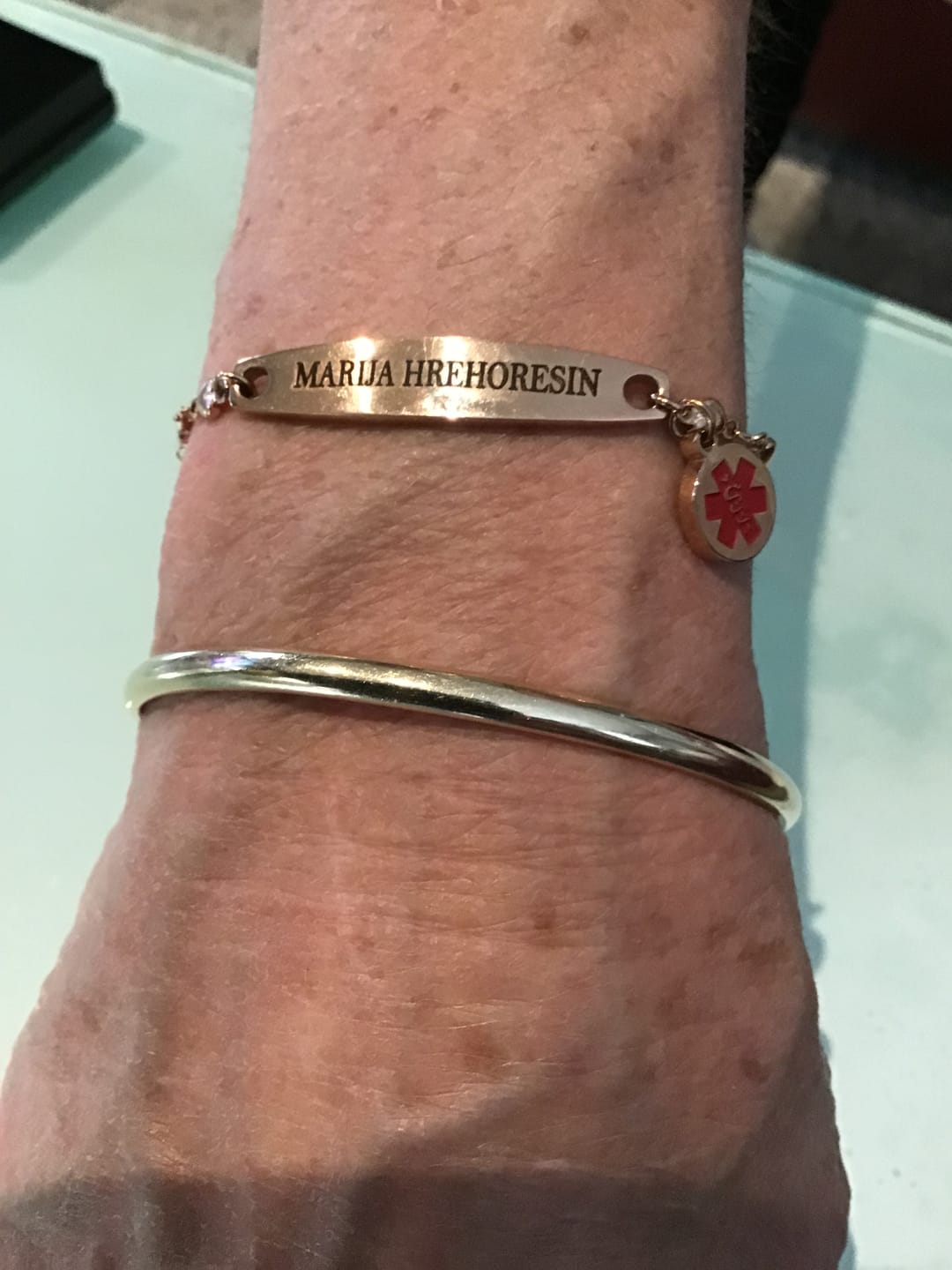 Customer photo review of Personalised Medical Alert Heart Link Bracelet - Rose Gold