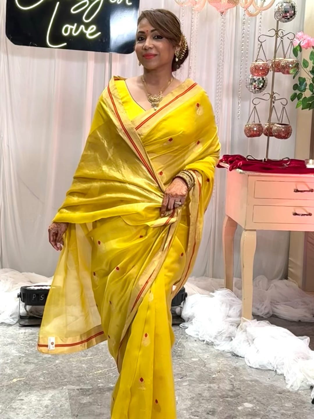 Customer photo review of Handloom Cotton Silk Chanderi Saree Musterd Yellow Gold Red Buta