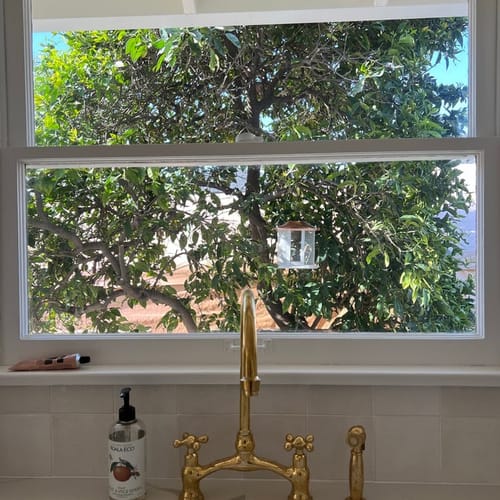 Customer photo review of Unlacquered Brass Kitchen Bridge Faucet Vectorian Style