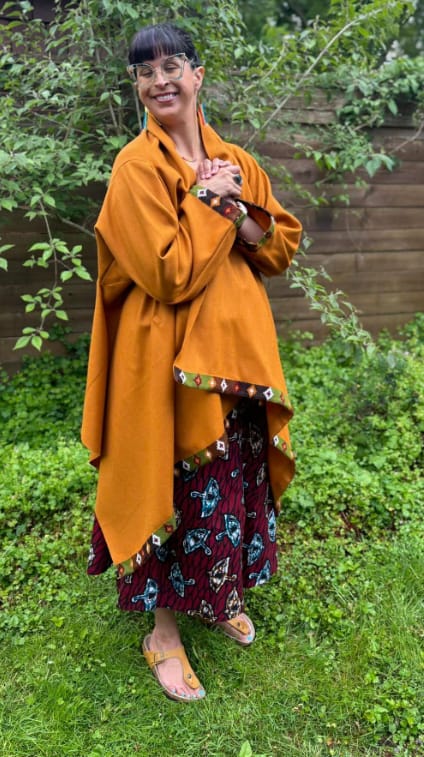 Customer photo review of NEW! Wool Cape Coat Cocoon Mustard