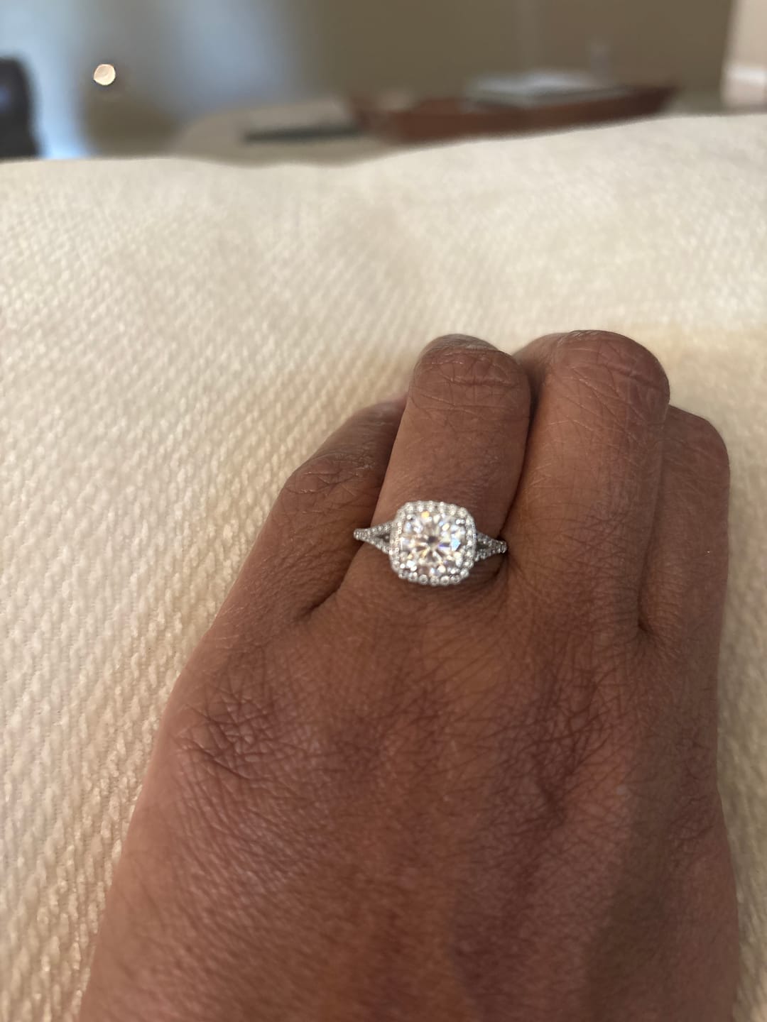 Customer photo review of Moissanite Split Shank Square Halo Pave Engagement Ring