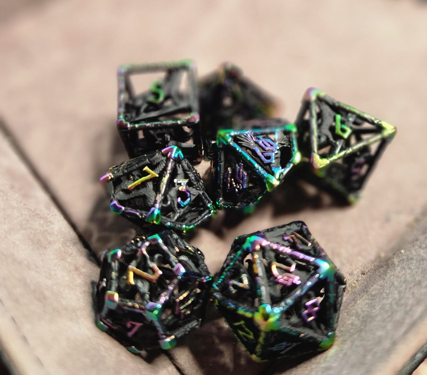 Customer photo review of Legends of Valhalla - Matte Black and Iridescent Hollow Metal Dice Set