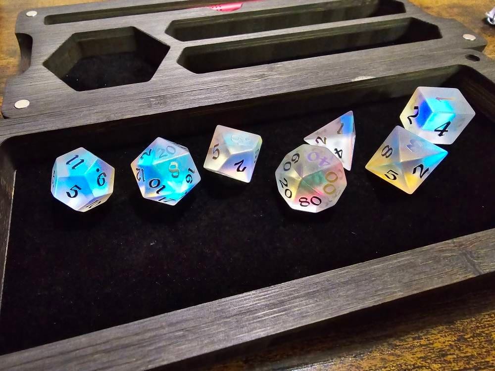 Customer photo review of Gemstone (Inked) Raised Dichroic Glass Polyhedral Dice (With Box) DND Set