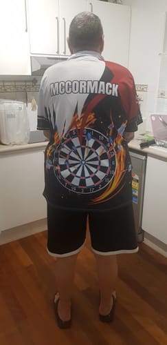 Customer photo review of Maxcorners Red and White Darts Personalized Name And Team Name 3D Shirt