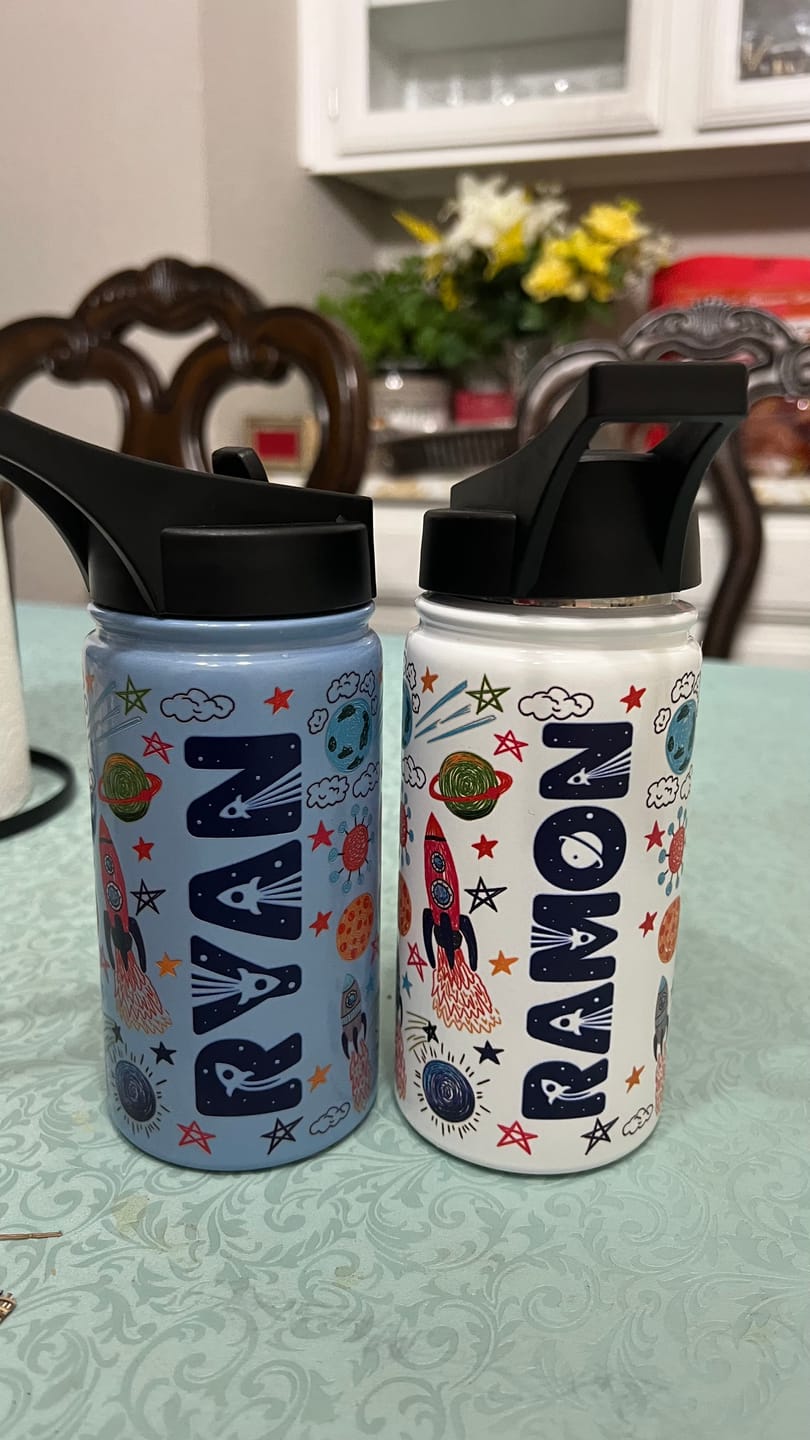 Customer photo review of Space Doodle 12oz Personalized Kids Water Bottle