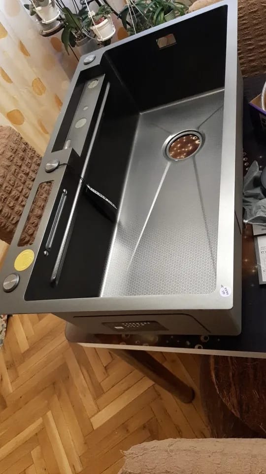 Customer photo review of Stainless Steel Kitchen Sink with Double Waterfall Design, Large Single Basin, Embossed Surface, and Ambient Light Digital Display