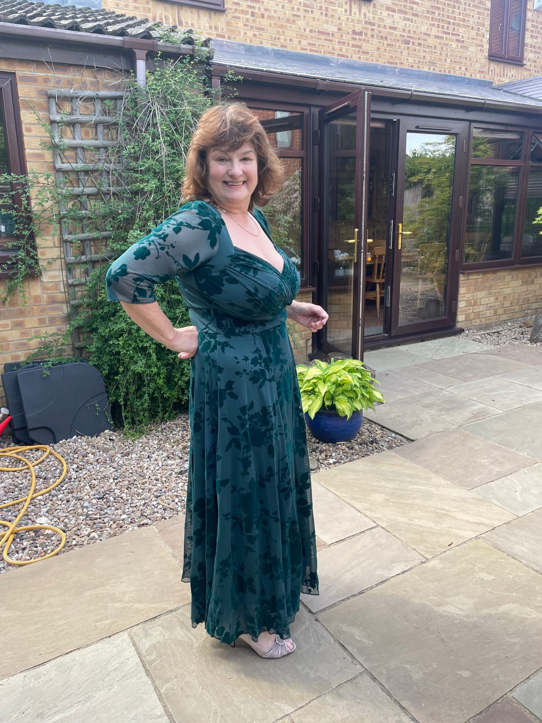 Customer photo review of Elizabeth Dark Green Flocked Mesh Maxi Gown