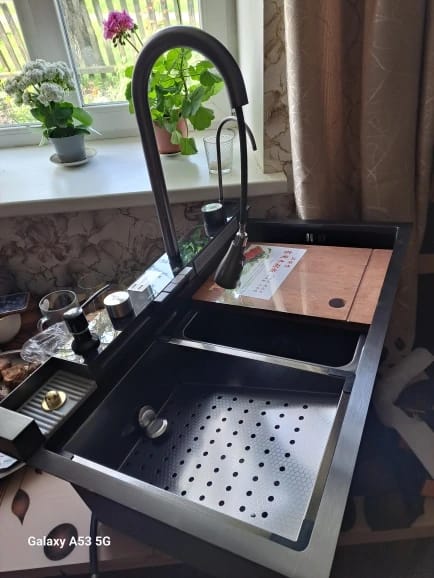 Customer photo review of Stainless Steel Kitchen Sink with Double Waterfall Design, Large Single Basin, Embossed Surface, and Ambient Light Digital Display