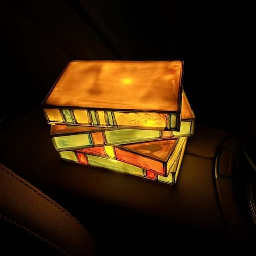 Customer photo review of Stained Glass Stacked Books Lamp