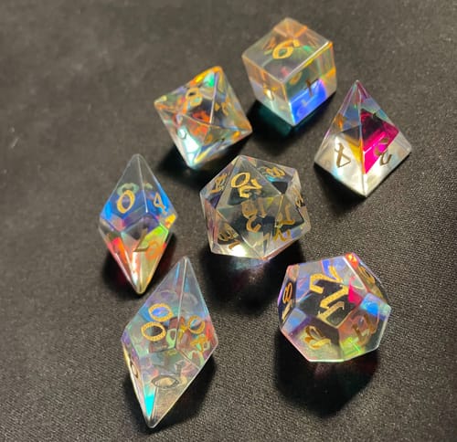 Customer photo review of Gemstone Dichroic Glass Elven Cut Polyhedral Dice (With Box) DnD Set