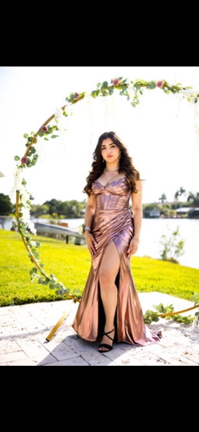 Customer photo review of CINDERELLA DIVINE CH051 Fitted Strapless Metallic Satin Gown with Slit