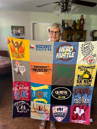 T-shirt quilt with running, community events themes by Randi from TX