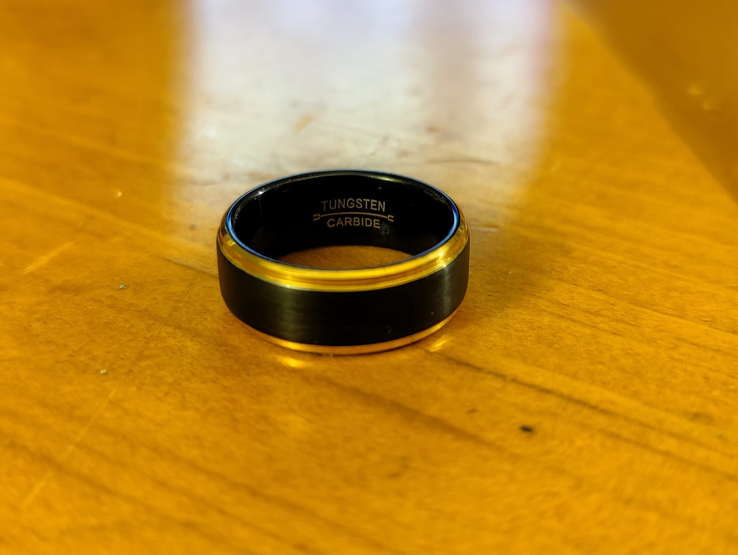 Customer photo review of 8mm - Tungsten Black & 14k Gold Wedding Band, Stepped Edges, Brushed Ring