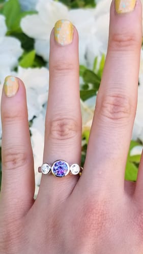 Customer photo review of 3-Stone Kaleidoscope Purple Aqua CZ Ring in Sterling Silver 0.8ct