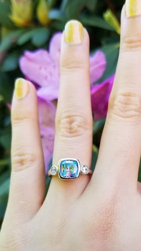 Customer photo review of 3-Stone Kaleidoscope Purple Aqua CZ Ring in Sterling Silver 2ct