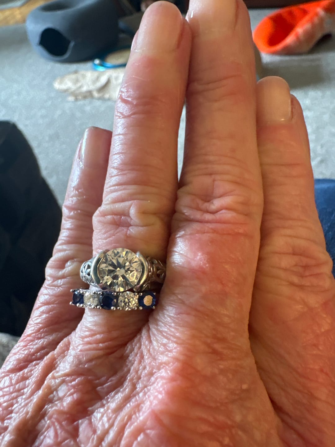 Customer photo review of Five Stone Moissanite and Sapphire Wedding Band Ring In Sterling Silver