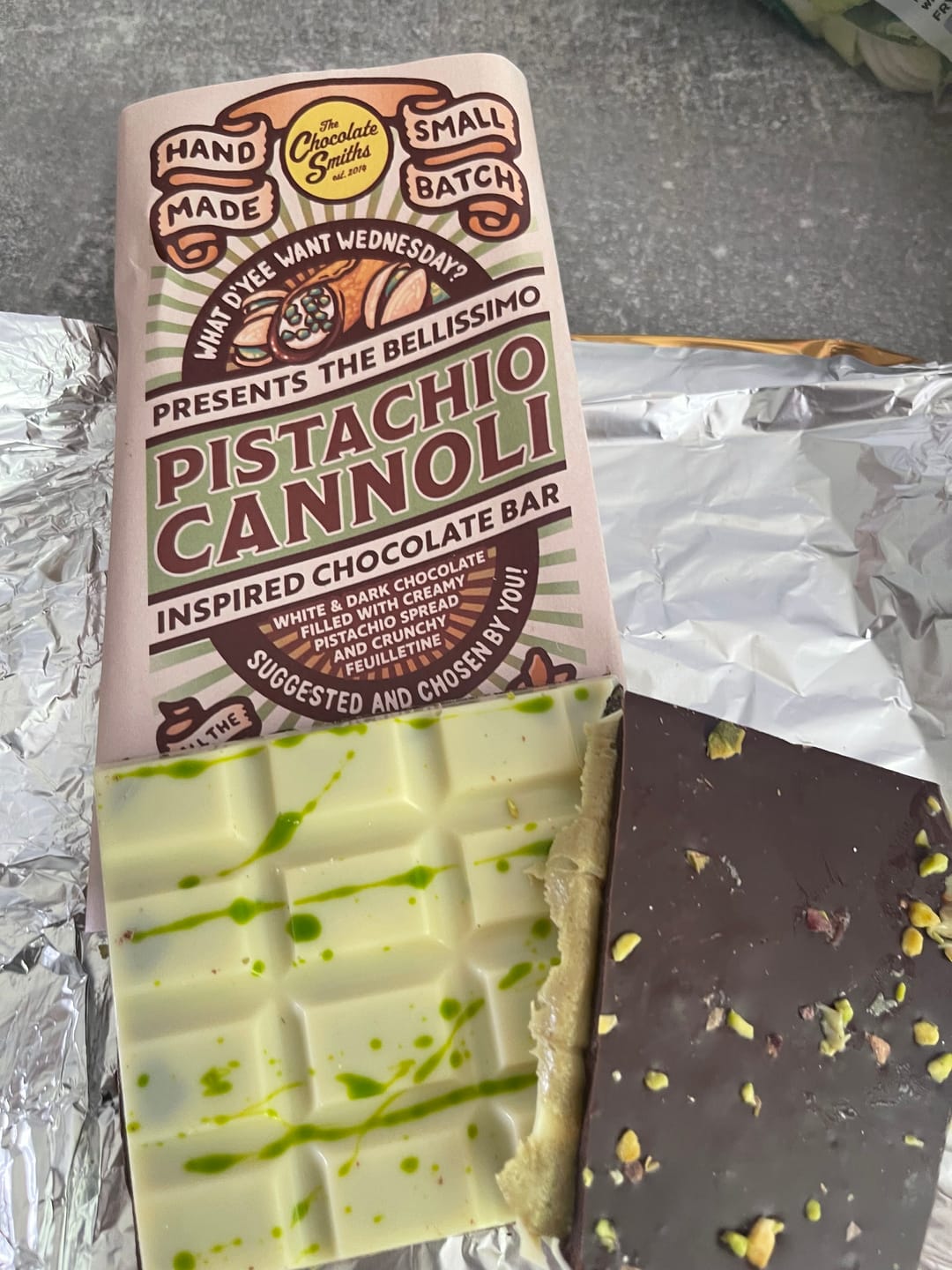 Customer photo review of Pistachio and Cannoli Inspired What D' Yee Want Wednesday Bar 100g