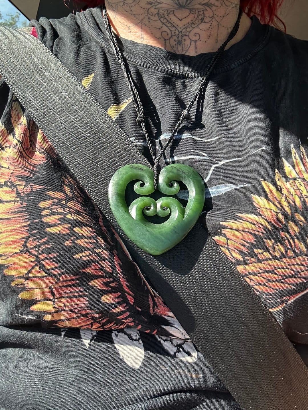 Customer photo review of Medium Genuine NZ Greenstone Heart Necklace with 4 Koru