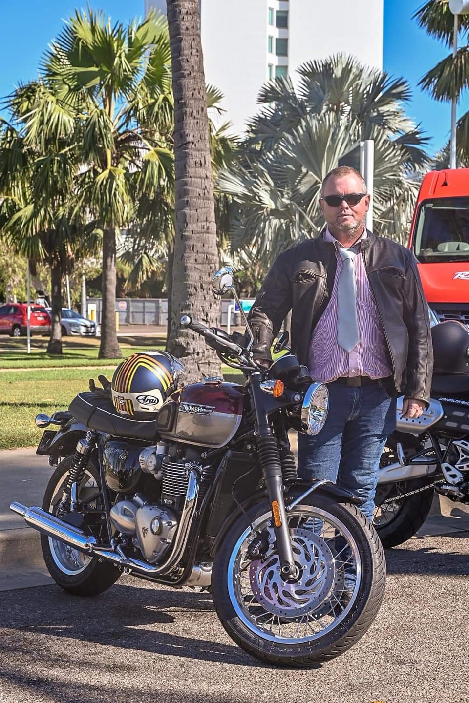 Customer photo review of 'The Rumbler' | Distressed Charcoal Brown Leather | Classic Leather Motorbike Jacket