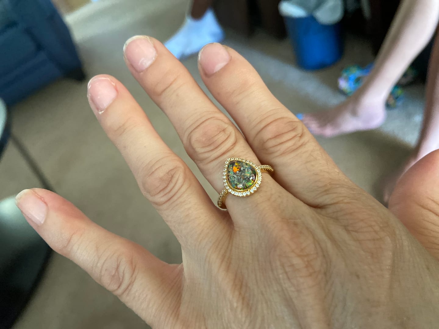 Customer photo review of Bedazzled Pear Opal Ring with Cremation Ashes