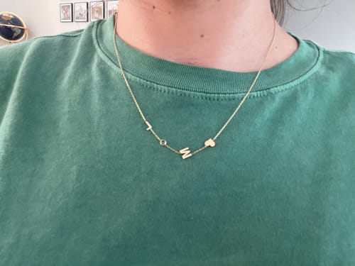 Customer photo review of 14K Solid Gold Sideways Birthstone and Letter Necklace