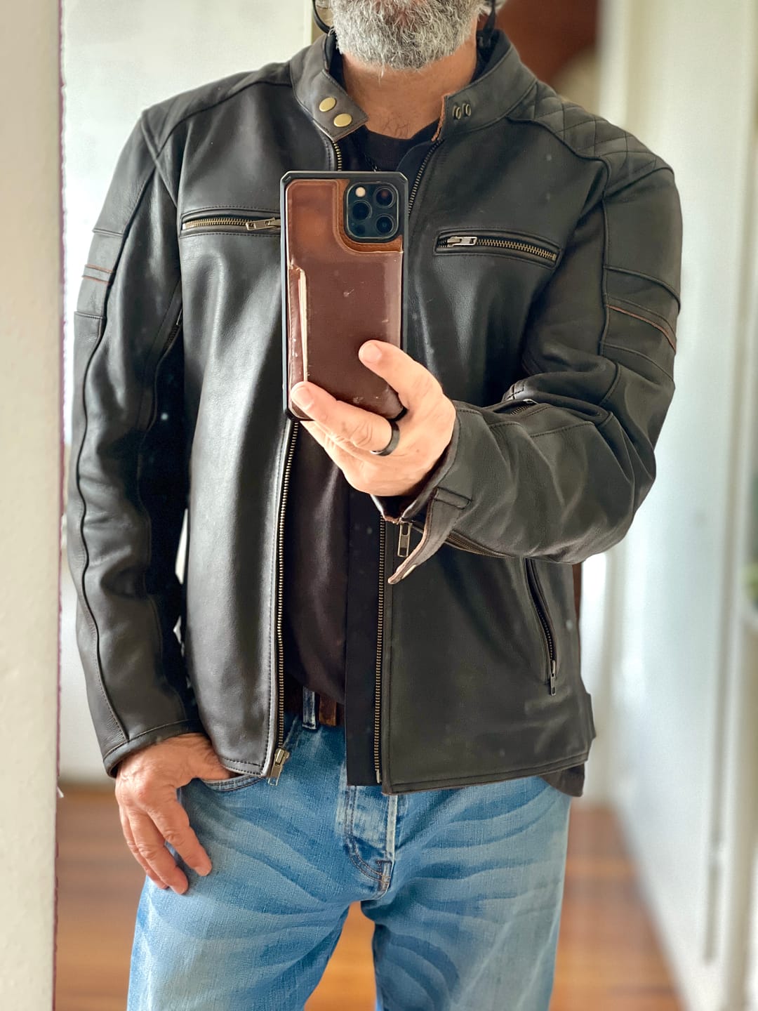 Customer photo review of 'ol Bobber' | Classic Leather Motorbike Jacket | Distressed Charcoal Brown Full Grain Leather