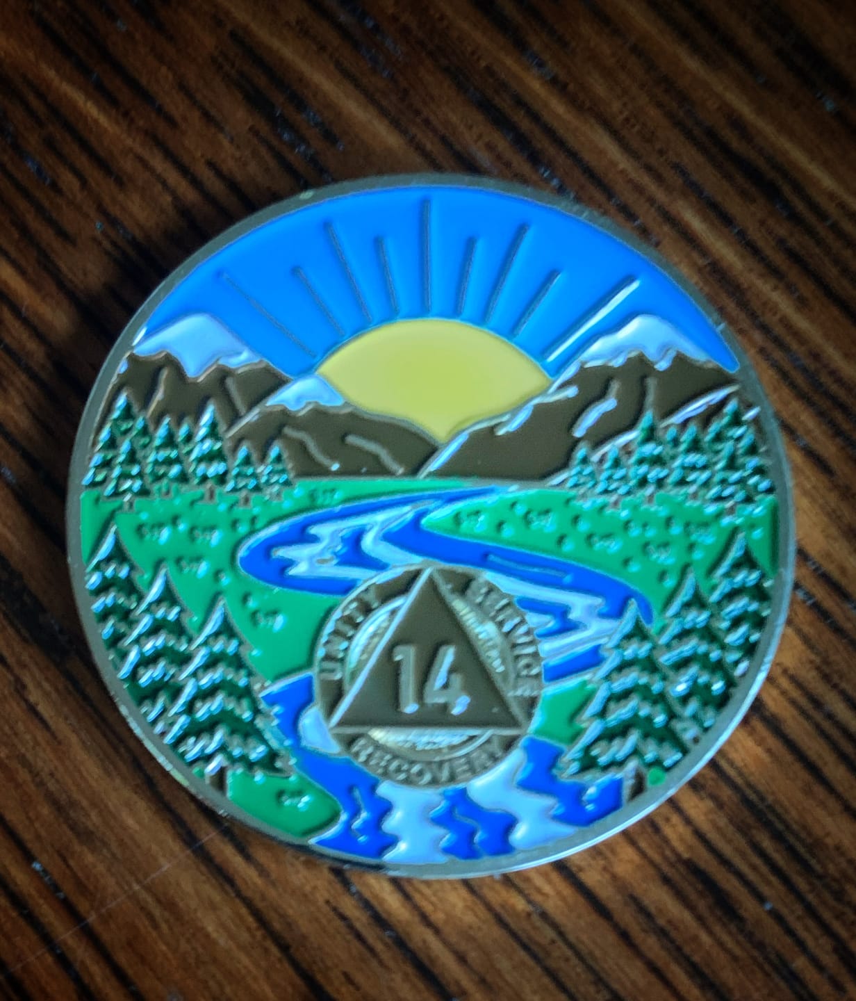 Customer photo review of 1 to 65 Year Sobriety Mint Winding River Gold Plated AA Recovery Medallion/Chip/Coin