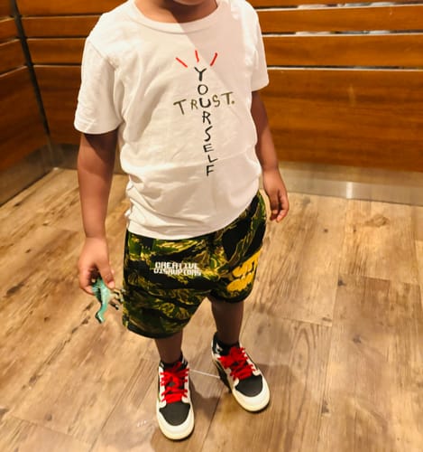 Customer photo review of Trust Yourself Kids Tops - Air Jordan 1 Travis Scott Olive