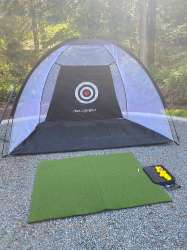Customer photo review of Golf Practice Driving Net for Indoors and Outdoors | Tri-Turf Hitting Mat