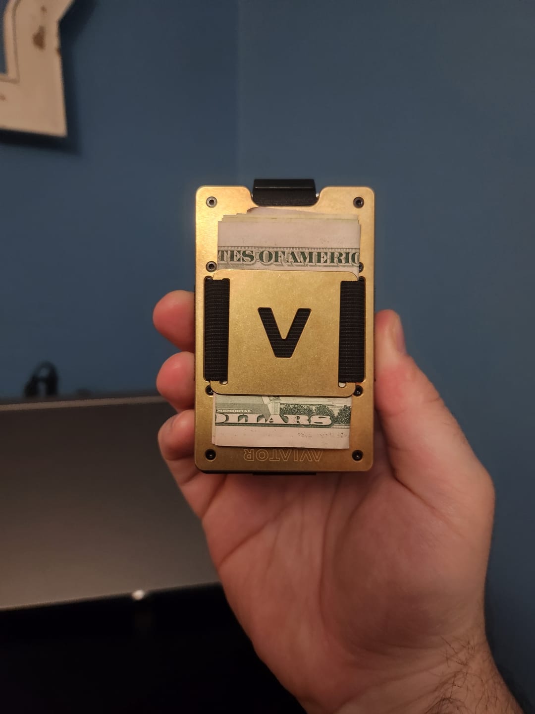 Customer photo review of Stonewashed Brass | Slide ONE Wallet + Brass Cash Clip