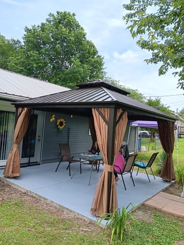 Customer photo review of EROMMY 12'x14' Hardtop Gazebo, Galvanized Steel Metal Double Roof Aluminum Gazebo with Curtain and Netting, Brown Permanent