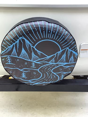 Customer photo review of River Flowing Mountain Range at Sunset Spare Tire Cover  Jeep, RV, Bronco, Camper, Trailer, Van, Etc.