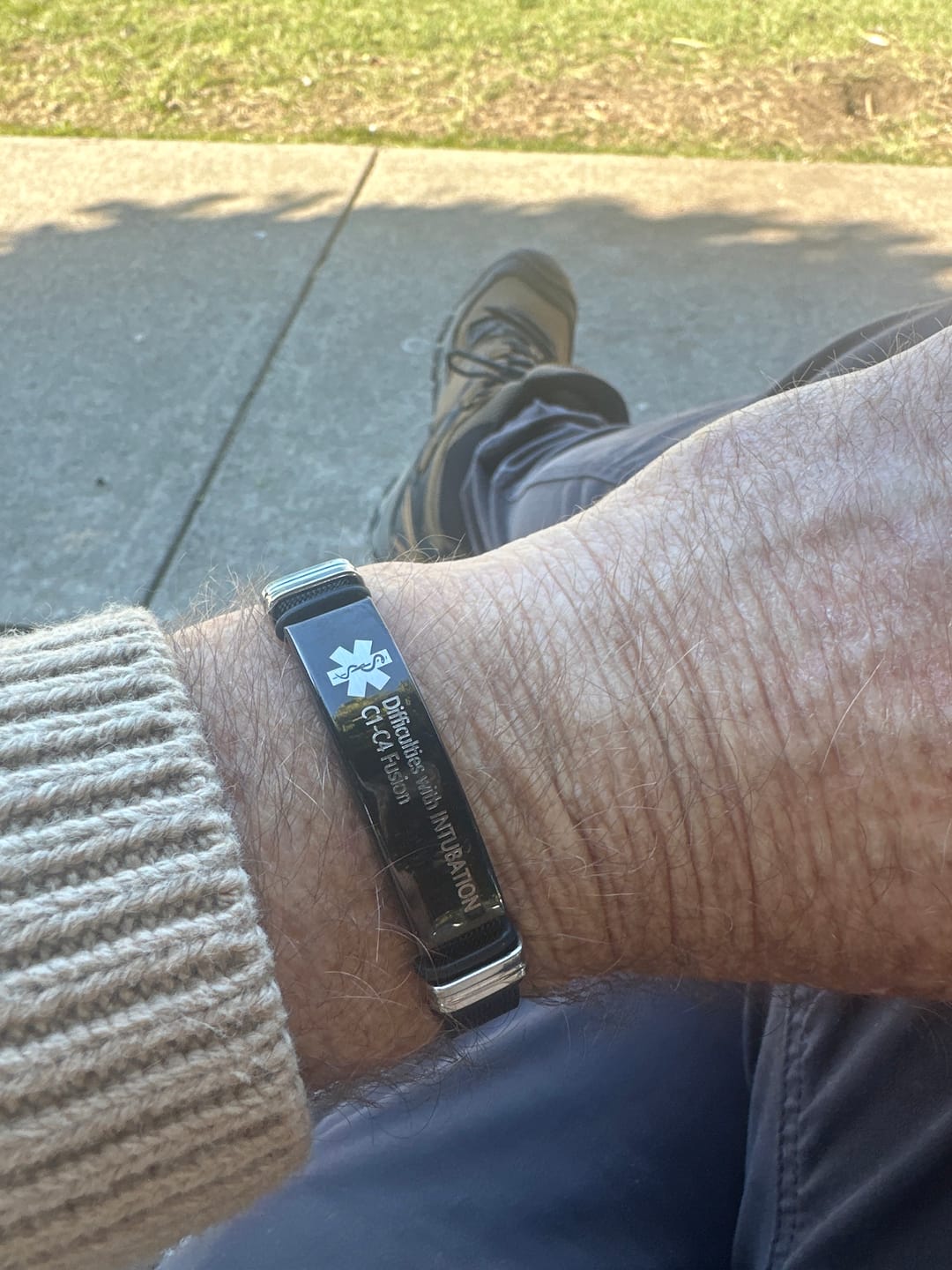 Customer photo review of Personalised Black Mesh Medical Alert Bracelet