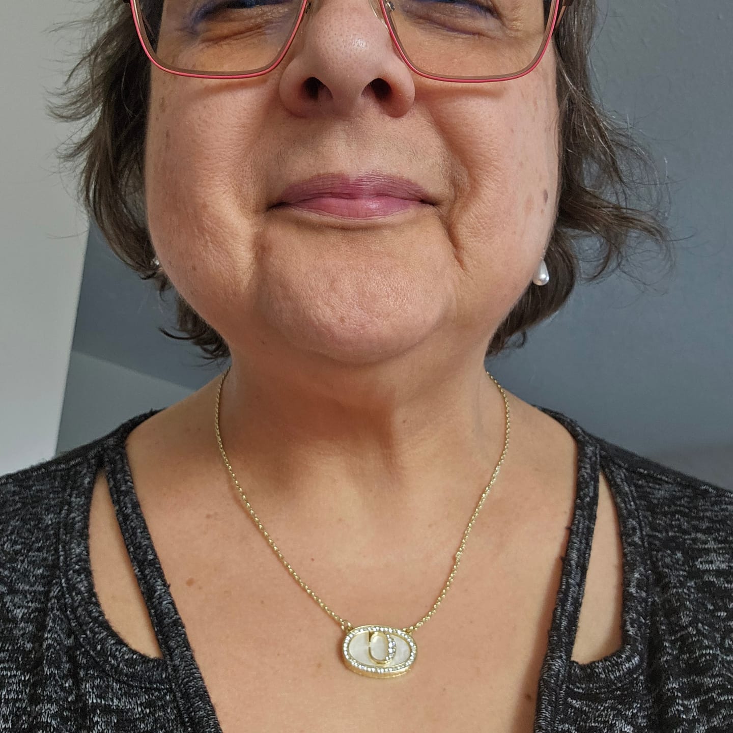 Customer photo review of HEIDI DAUS® "Personal Touch" Chain MOP Faux Crystal Initial Necklace