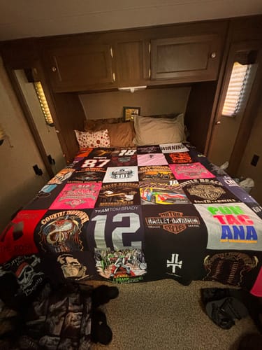 T-shirt quilt with motorcycles, football themes by Michelle from VT